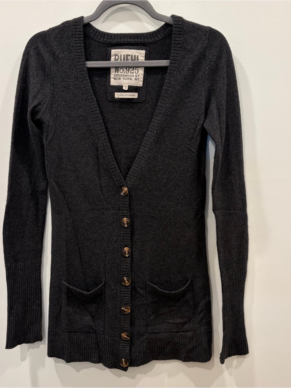 Ruehl No.925 Long dark Grey wool/cashmere blend V-Neck Button Cardigan capsule